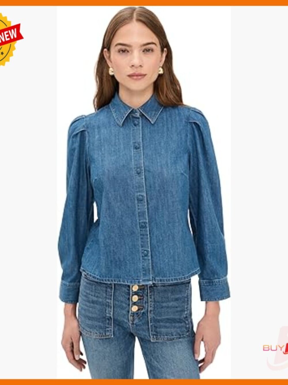 Lightweight Denim Button-Down Shirt with Puff Sleeves Regular Fit